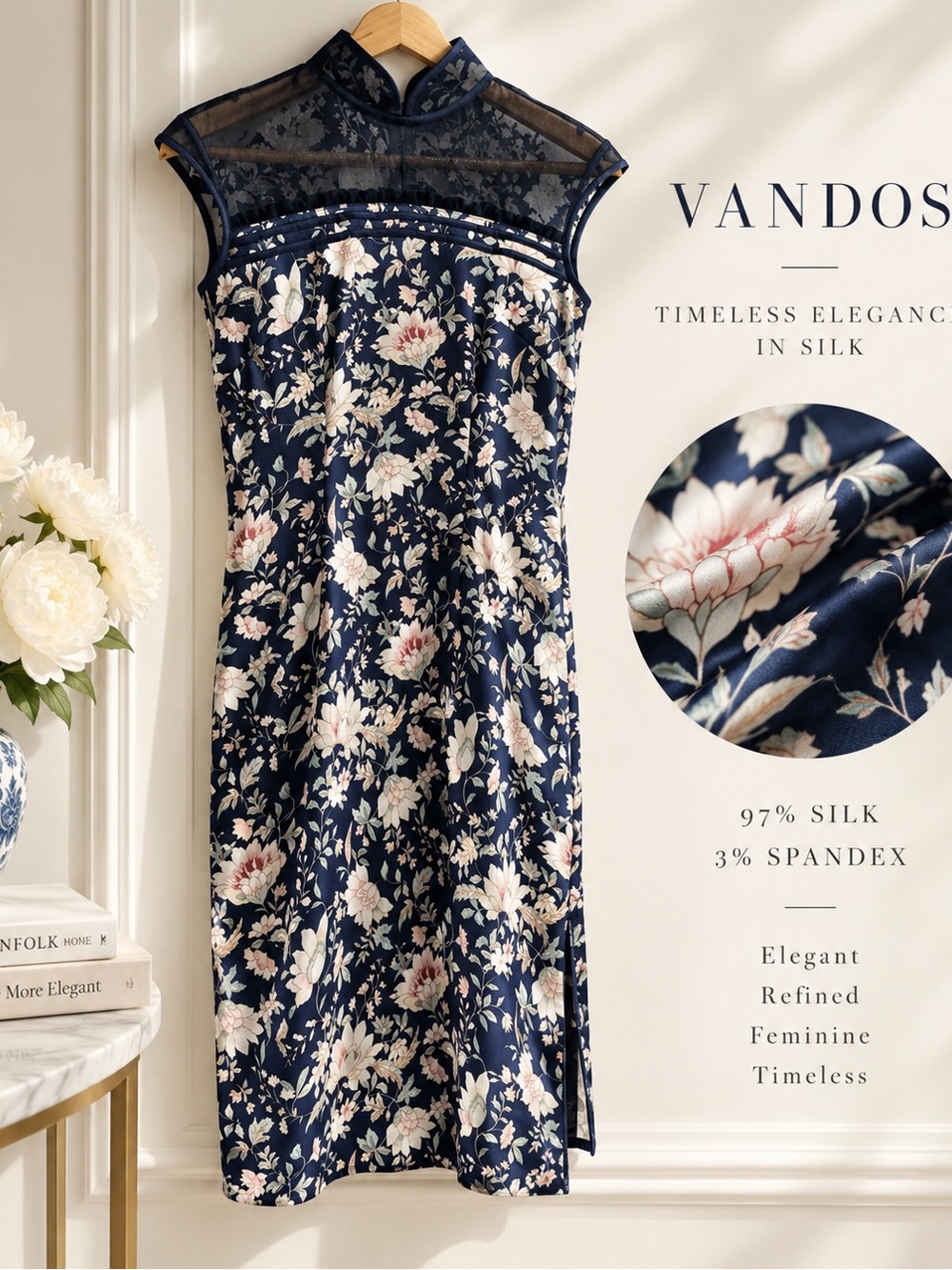 VANDOS 97% Silk Floral Qipao Cheongsam Dress Sheer Mandarin Collar S